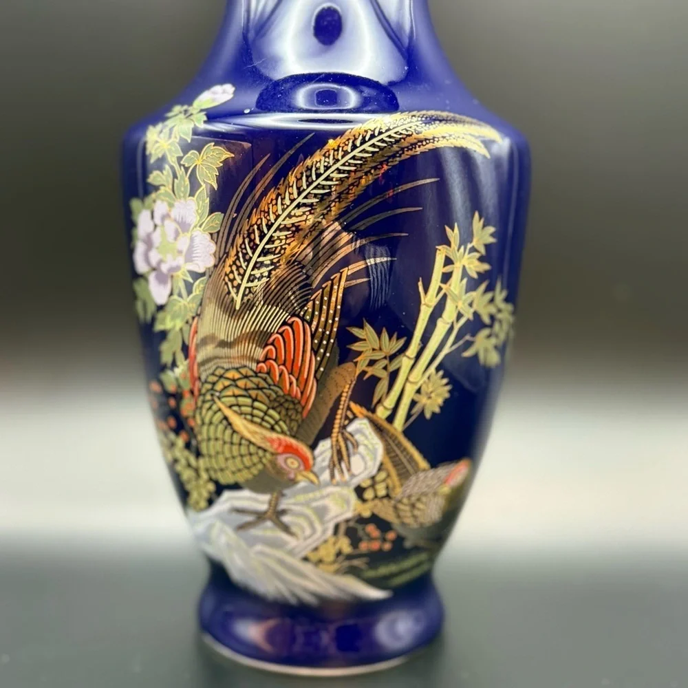 Vintage Cobalt Blue Asian Satsuma Style Vase Pheasants Gold Accents 10” Tall